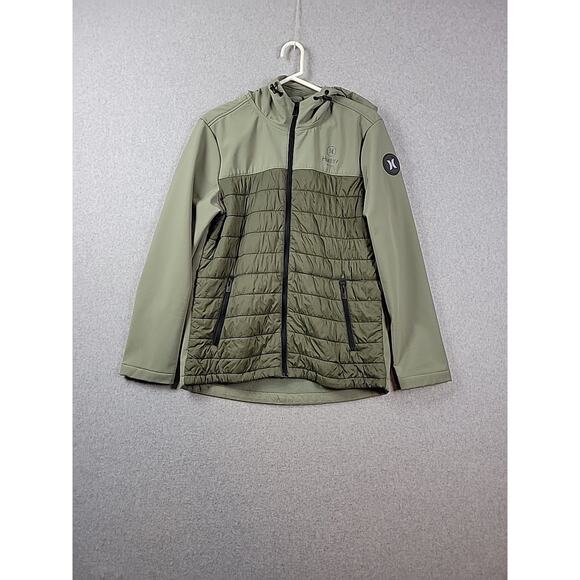 Hurley Army Green LS Windproof 3 Layer Tech Full Zip Hooded Jacket Men's Medium - Picture 1 of 12